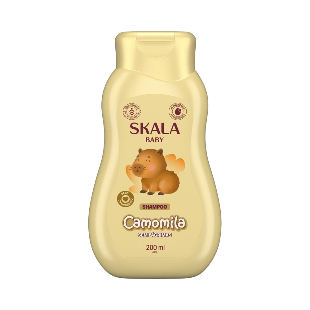 Frasco de shampoo infantil Skala Baby Camomila 200ml com tampa dourada e rótulo amarelo